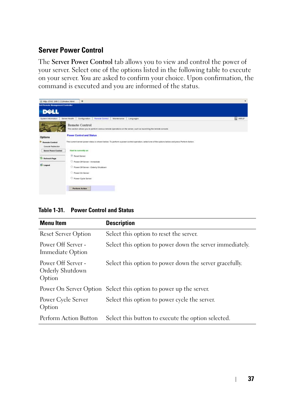 Server power control | Dell POWEREDGE C6105 User Manual | Page 37 / 68