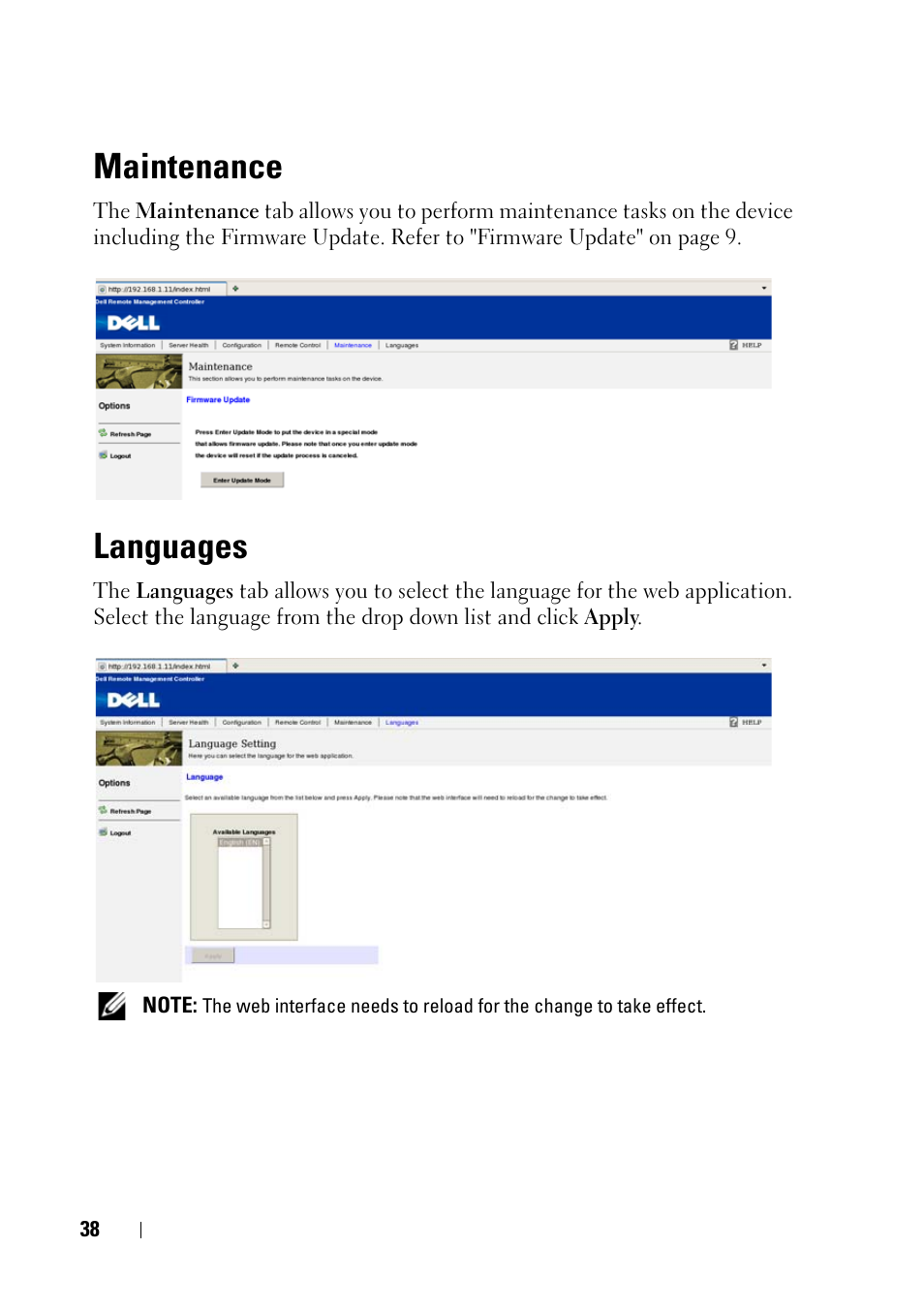 Maintenance, Languages | Dell POWEREDGE C6105 User Manual | Page 38 / 68