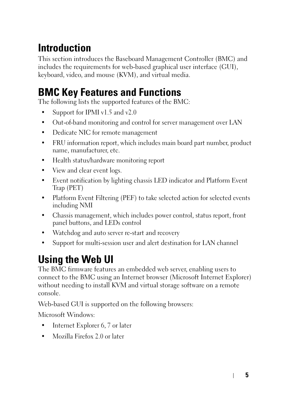 Introduction, Bmc key features and functions, Using the web ui | Dell POWEREDGE C6105 User Manual | Page 5 / 68