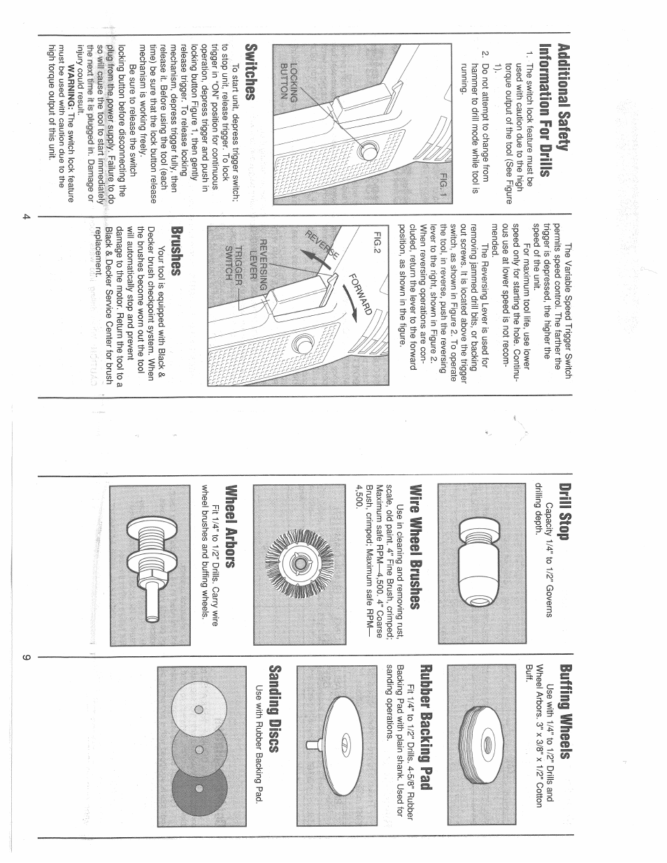 Additional safety information for drills, Switches, Brushes | Stop, Wire wheel brushes, Buffing wheels, Rubber backing pad, Wheel arbors, Sanding discs | Black & Decker 5065 User Manual | Page 2 / 6