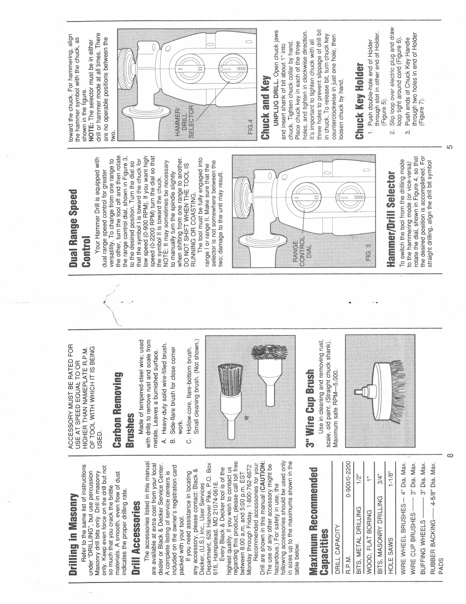 Drilling in masonry, Drill accessories, Maximum recommended capacities | Cup brush, Tirlii limit ii| irisles, 3" wire, Dual range speed control, Hammer/drill selector, Chuck and key, Chuck key holder | Black & Decker 5065 User Manual | Page 5 / 6