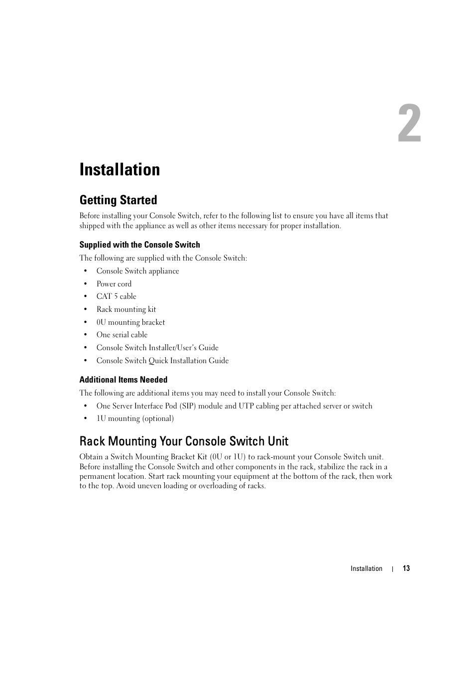 Installation, Getting started, Supplied with the console switch | Additional items needed, Rack mounting your console switch unit, 2 installation | Dell KVM 180AS User Manual | Page 13 / 60