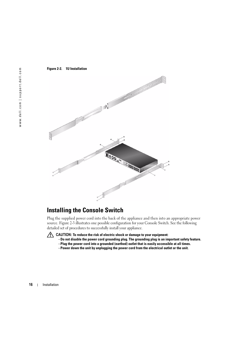 Installing the console switch, Figure 2-2, 1u installation | Dell KVM 180AS User Manual | Page 16 / 60
