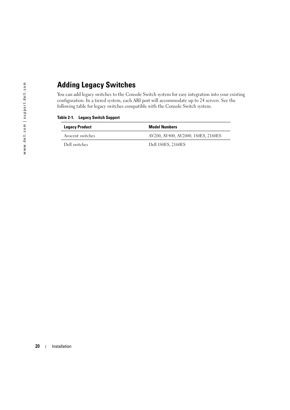 Adding legacy switches, Table 2-1, Legacy switch support | Dell KVM 180AS User Manual | Page 20 / 60
