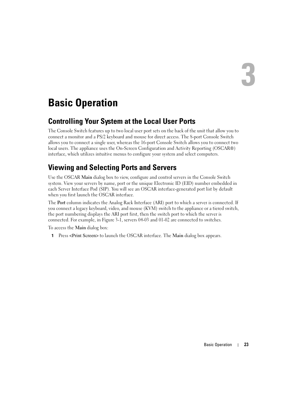 Basic operation, Controlling your system at the local user ports, Viewing and selecting ports and servers | 3 basic operation | Dell KVM 180AS User Manual | Page 23 / 60