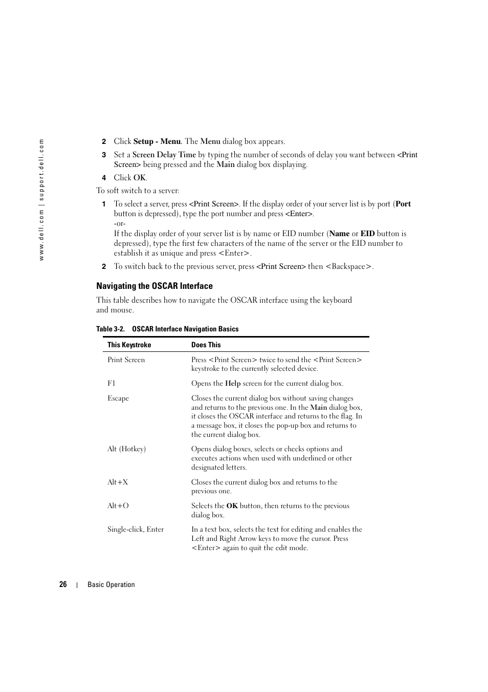 Navigating the oscar interface, Table 3-2, Oscar interface navigation basics | Dell KVM 180AS User Manual | Page 26 / 60