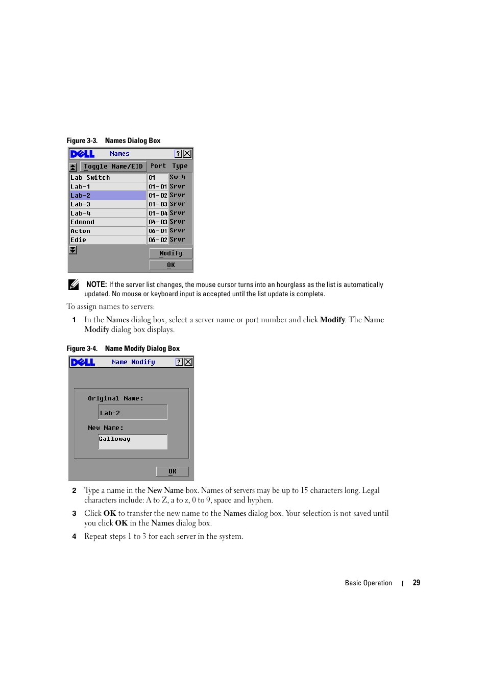 Figure 3-3, Names dialog box, Figure 3-4 | Name modify dialog box | Dell KVM 180AS User Manual | Page 29 / 60
