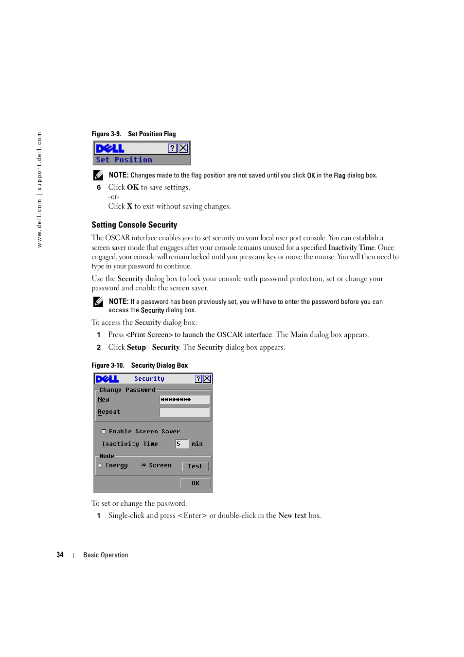 Setting console security, Figure 3-9, Set position flag | Figure 3-10, Security dialog box | Dell KVM 180AS User Manual | Page 34 / 60
