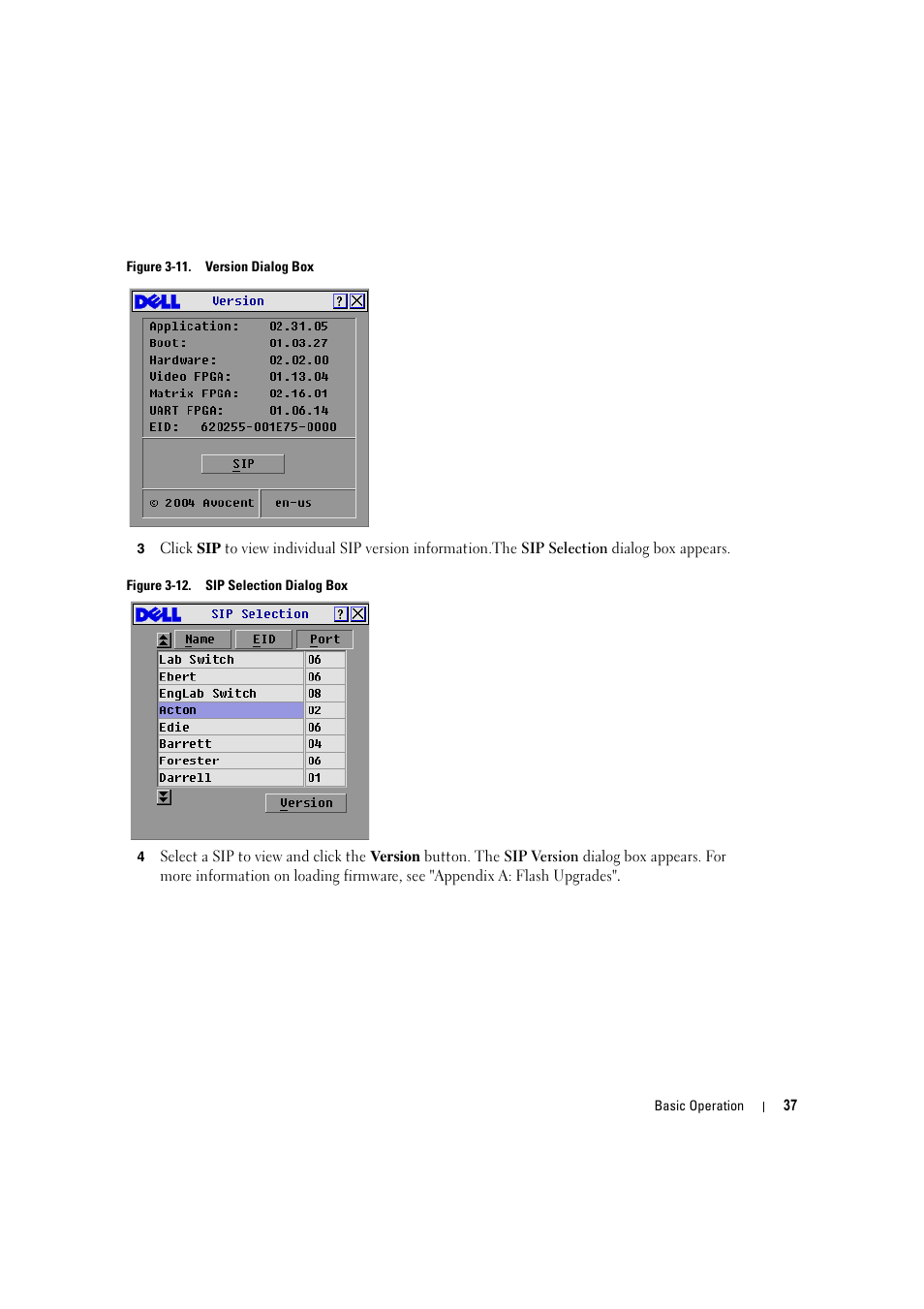 Figure 3-11, Version dialog box, Figure 3-12 | Sip selection dialog box | Dell KVM 180AS User Manual | Page 37 / 60