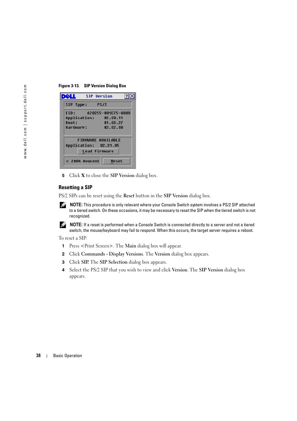 Resetting a sip, Figure 3-13, Sip version dialog box | Dell KVM 180AS User Manual | Page 38 / 60