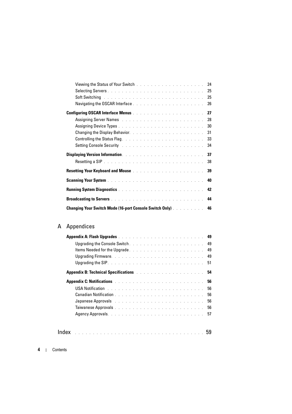 A appendices, Index | Dell KVM 180AS User Manual | Page 4 / 60