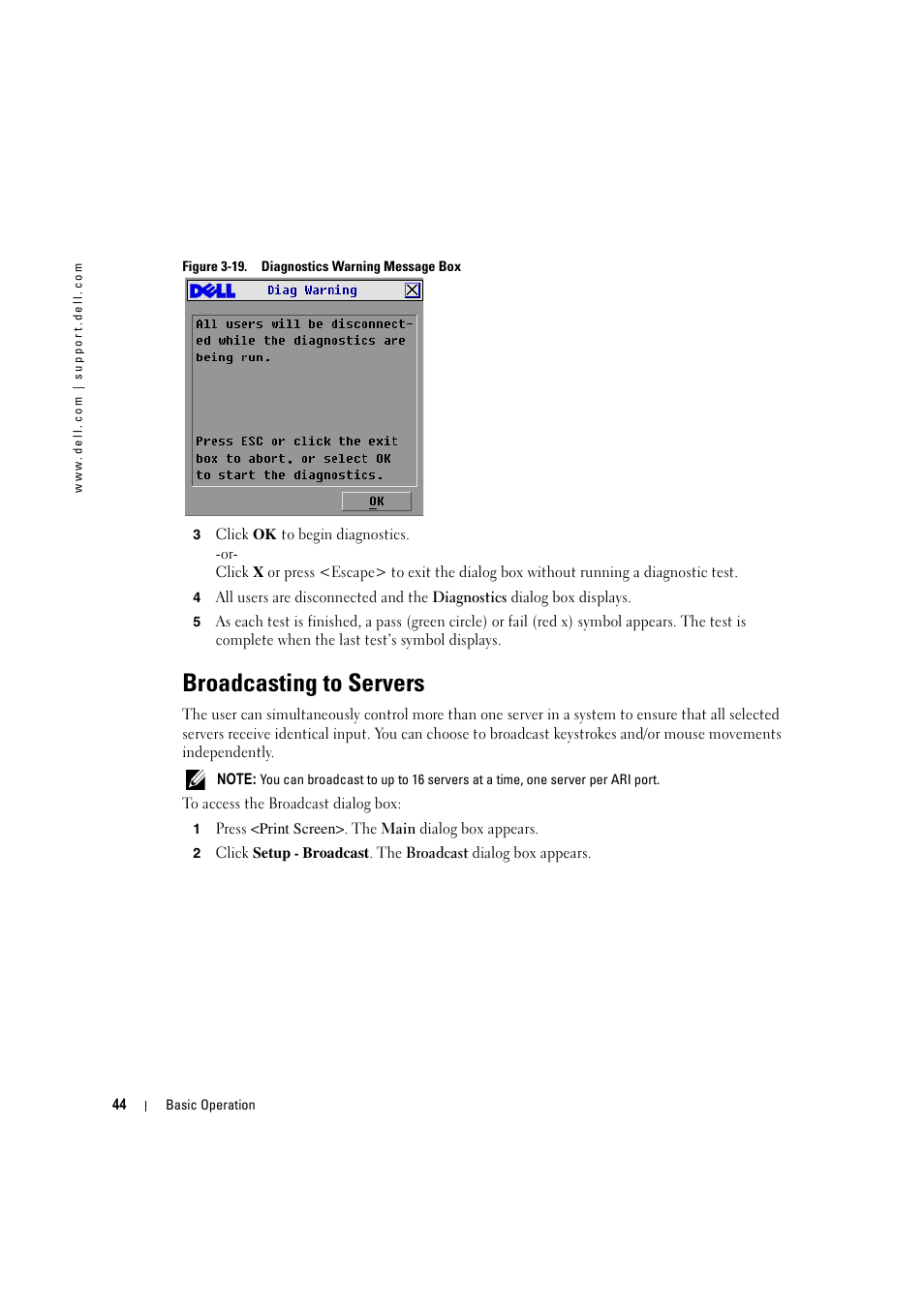 Broadcasting to servers, Figure 3-19, Diagnostics warning message box | Dell KVM 180AS User Manual | Page 44 / 60