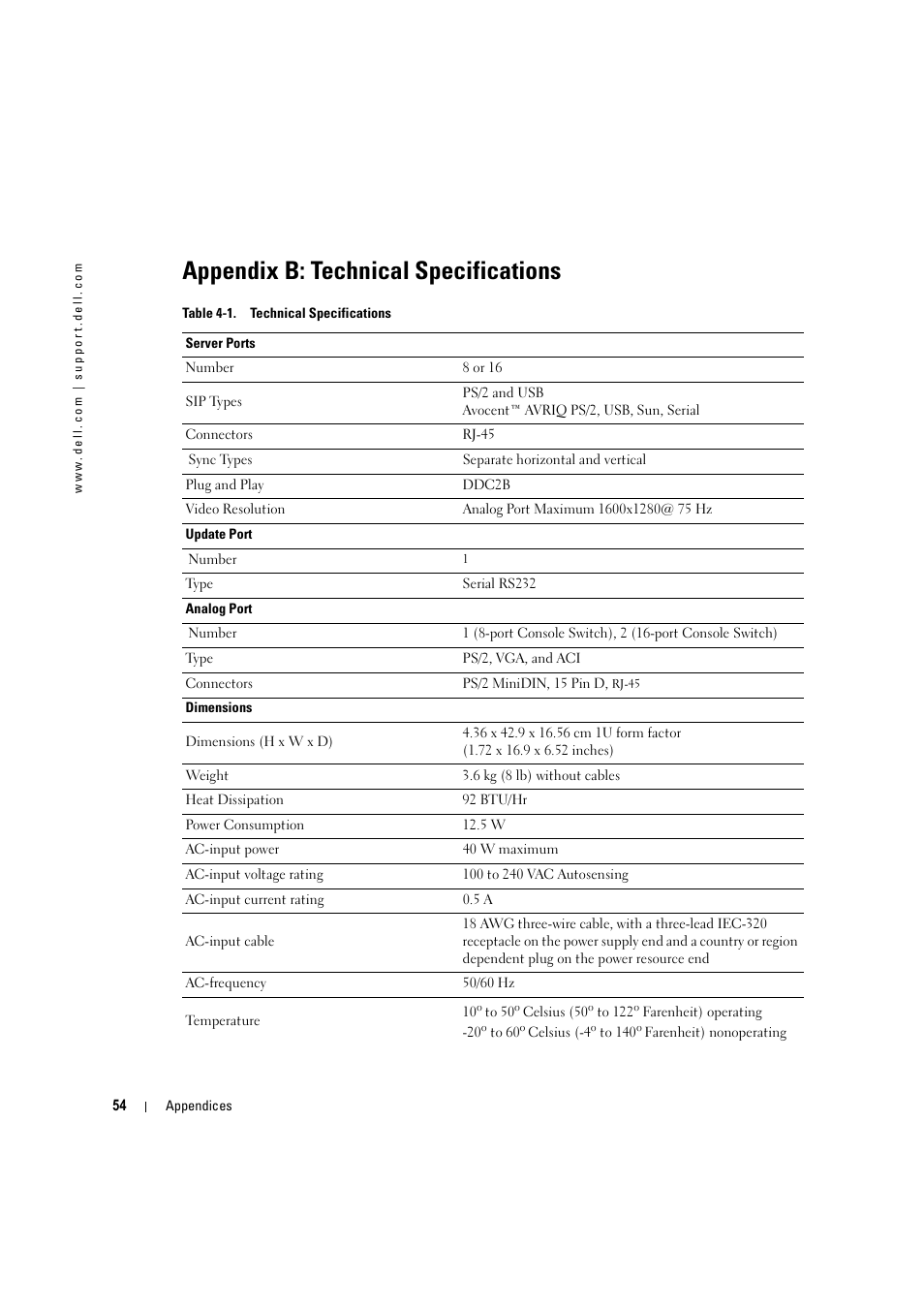 Appendix b: technical specifications, Table 4-1, Technical specifications | Dell KVM 180AS User Manual | Page 54 / 60