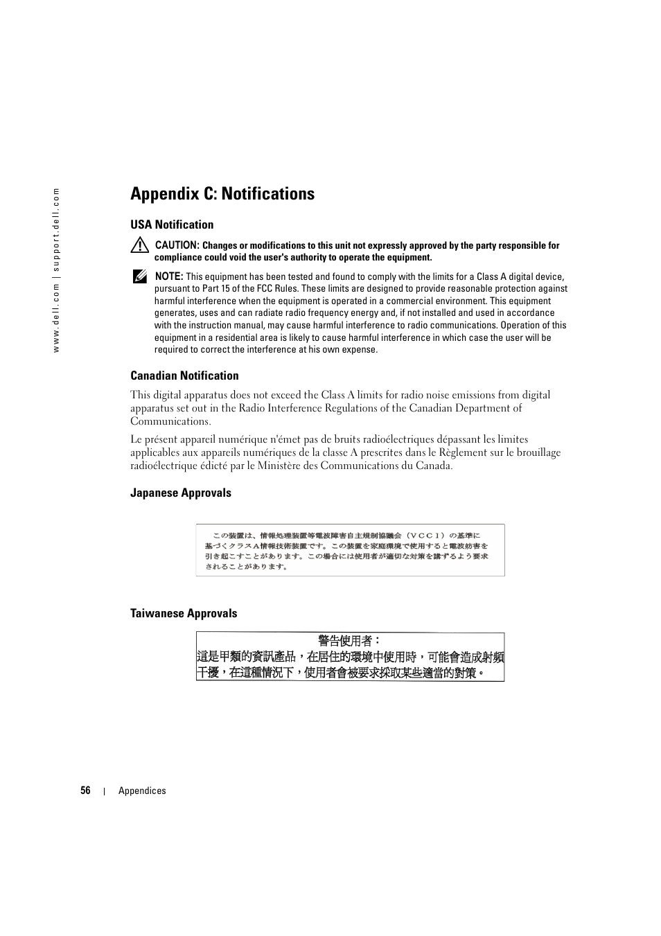 Appendix c: notifications, Usa notification, Canadian notification | Japanese approvals, Taiwanese approvals | Dell KVM 180AS User Manual | Page 56 / 60