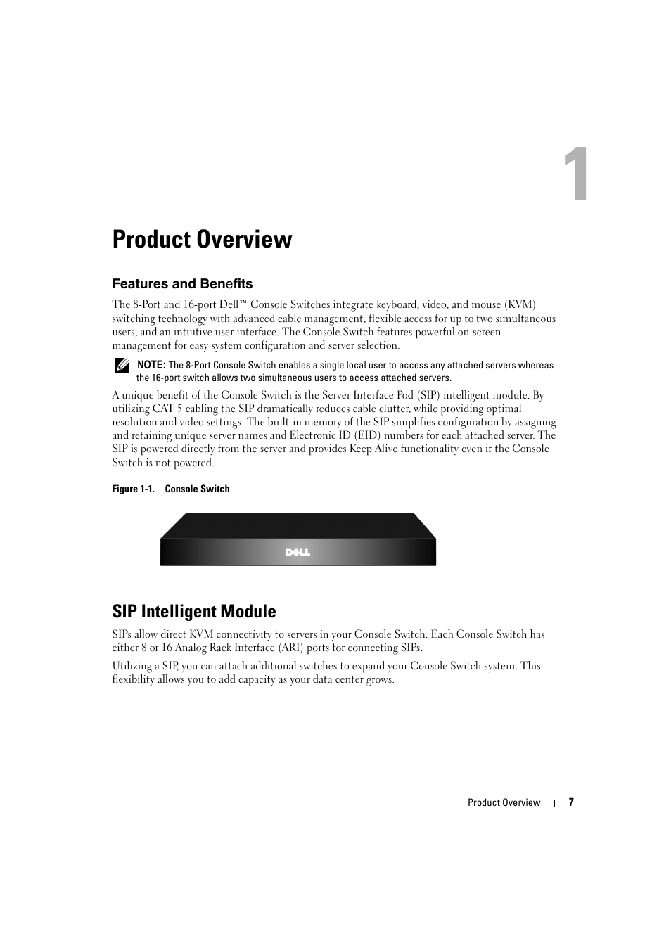 Product overview, Features and benefits, Sip intelligent module | 1 product overview, Figure 1-1, Console switch | Dell KVM 180AS User Manual | Page 7 / 60