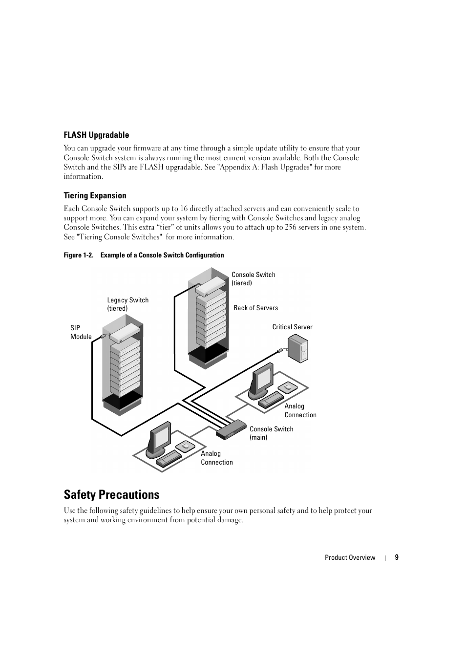 Flash upgradable, Tiering expansion, Safety precautions | Figure 1-2, Example of a console switch configuration | Dell KVM 180AS User Manual | Page 9 / 60