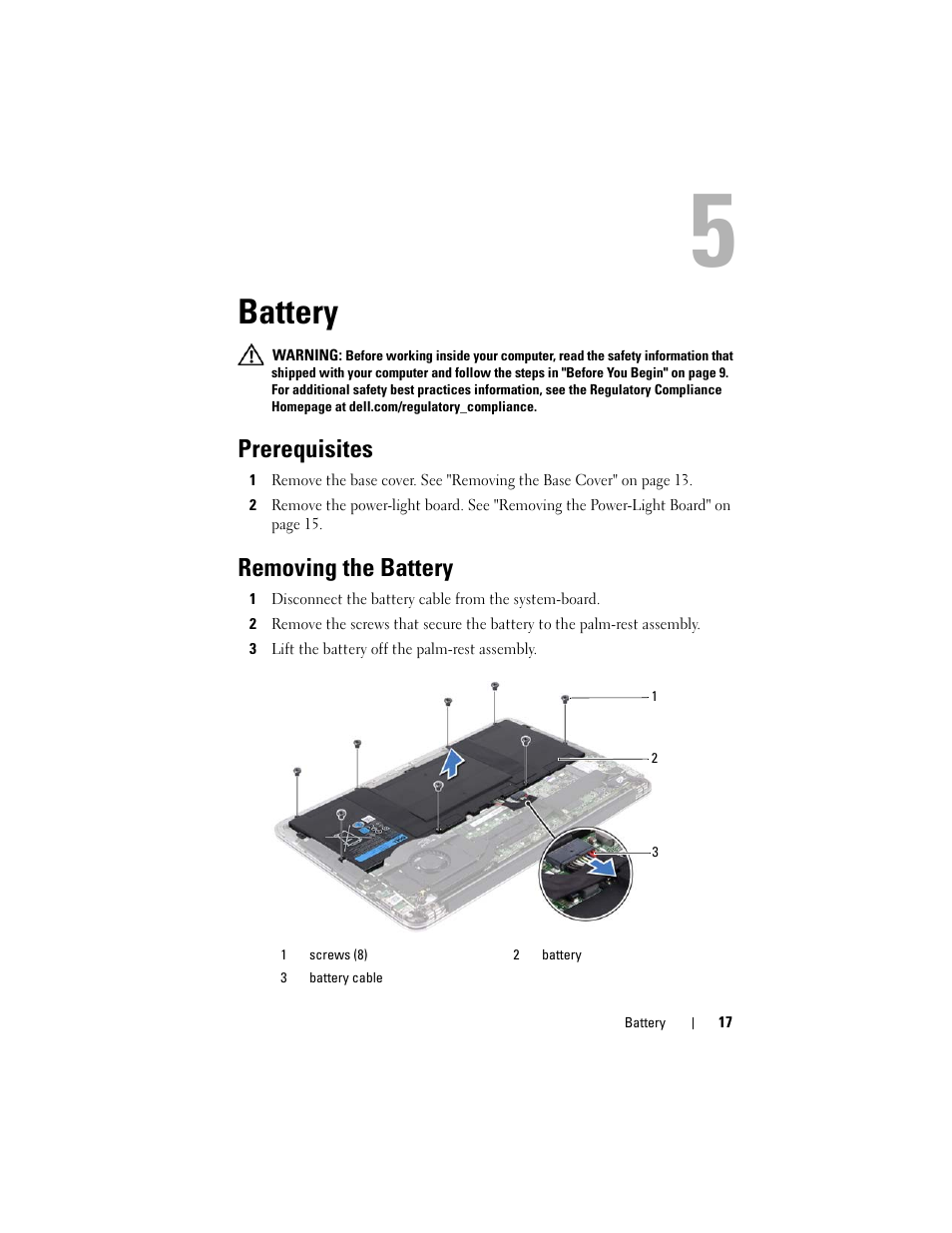 Battery, Prerequisites, Removing the battery | Dell XPS 13 (L322X, Early 2013) User Manual | Page 17 / 74