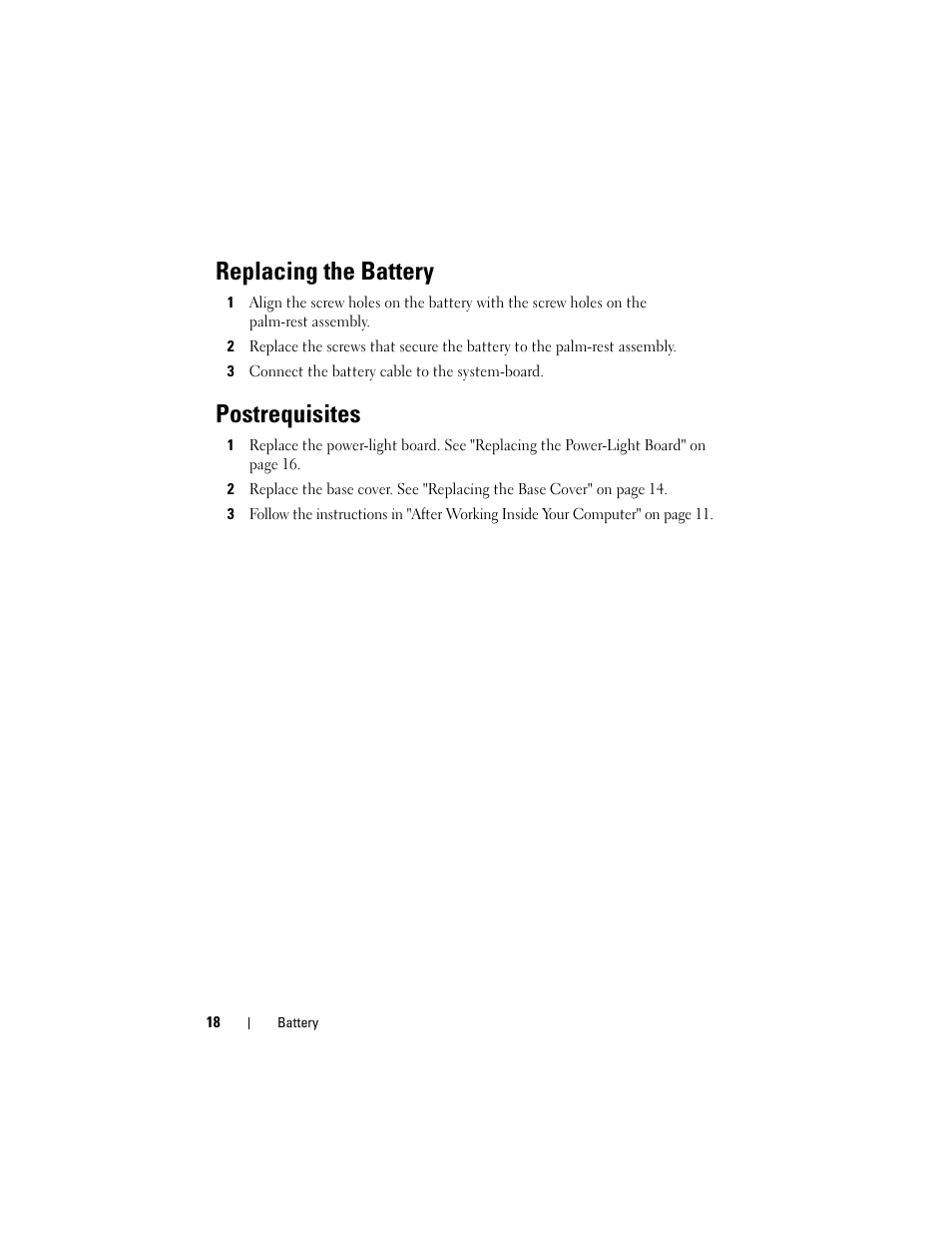 Replacing the battery, Postrequisites | Dell XPS 13 (L322X, Early 2013) User Manual | Page 18 / 74