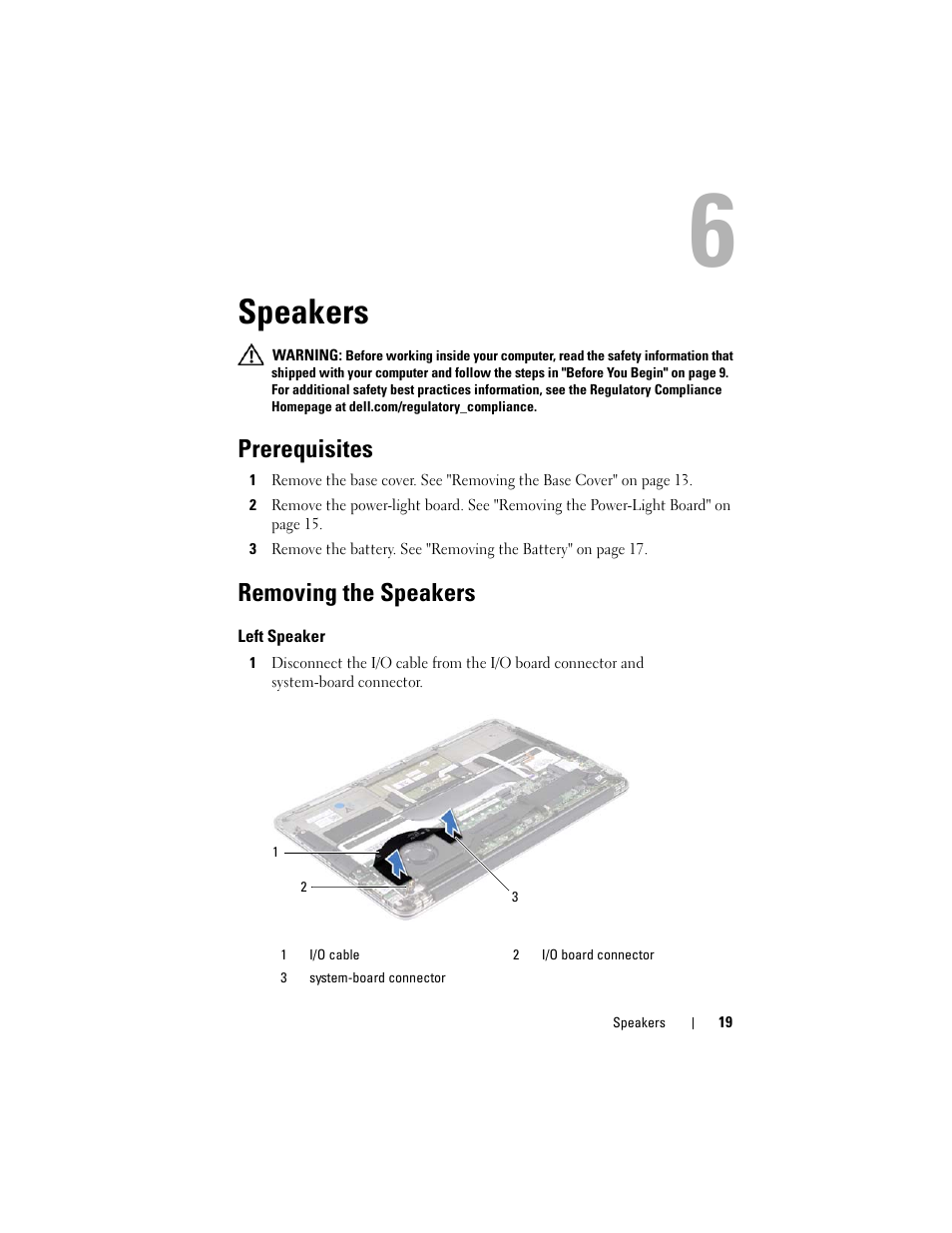 Speakers, Prerequisites, Removing the speakers | Left speaker | Dell XPS 13 (L322X, Early 2013) User Manual | Page 19 / 74