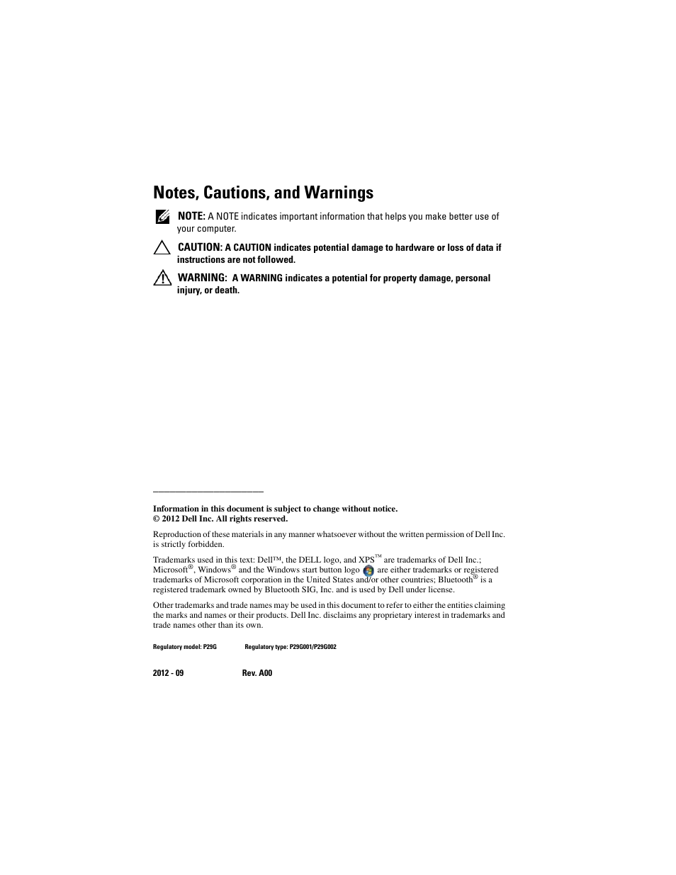 Notes, cautions, and warnings | Dell XPS 13 (L322X, Early 2013) User Manual | Page 2 / 74