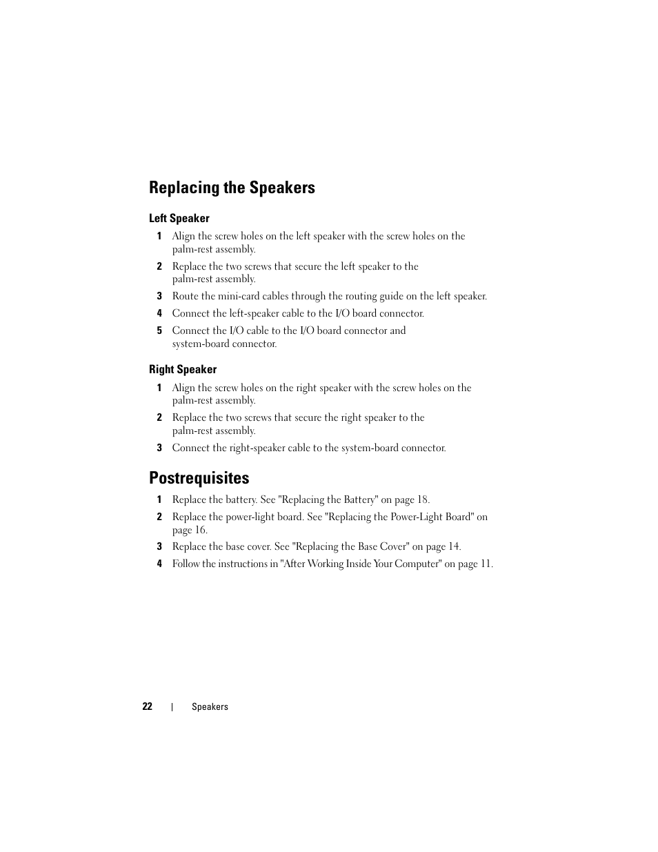 Replacing the speakers, Left speaker, Right speaker | Postrequisites | Dell XPS 13 (L322X, Early 2013) User Manual | Page 22 / 74