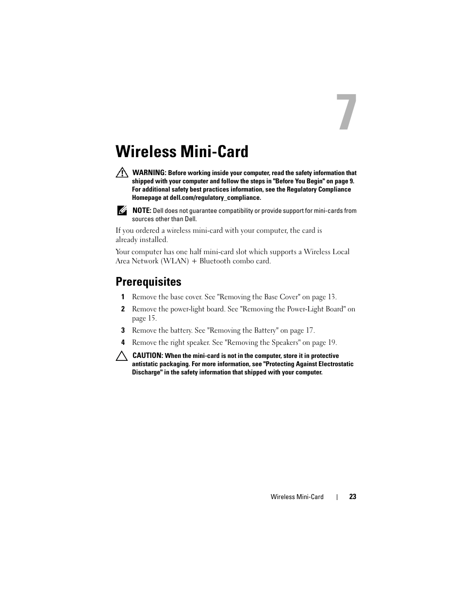 Wireless mini-card, Prerequisites | Dell XPS 13 (L322X, Early 2013) User Manual | Page 23 / 74