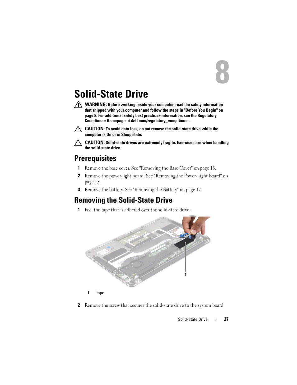 Solid-state drive, Prerequisites, Removing the solid-state drive | Dell XPS 13 (L322X, Early 2013) User Manual | Page 27 / 74