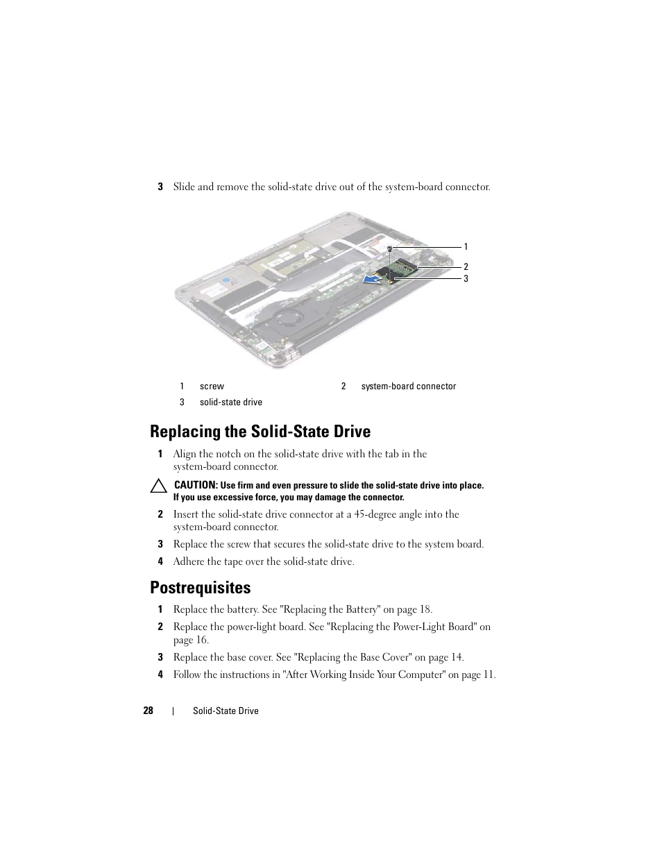 Replacing the solid-state drive, Postrequisites | Dell XPS 13 (L322X, Early 2013) User Manual | Page 28 / 74