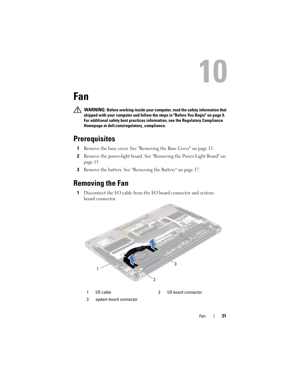Prerequisites, Removing the fan | Dell XPS 13 (L322X, Early 2013) User Manual | Page 31 / 74