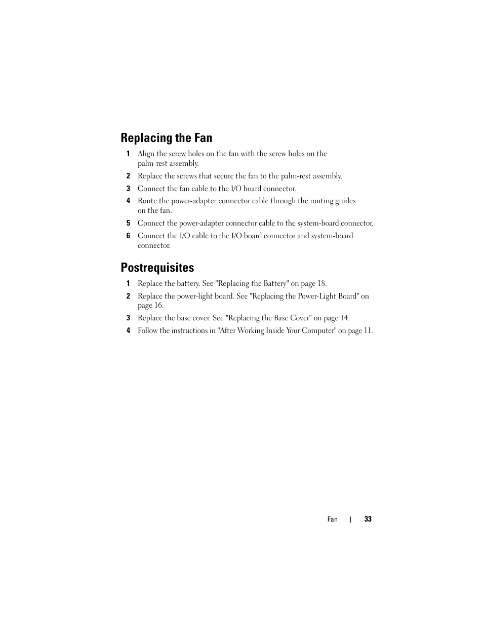 Replacing the fan, Postrequisites | Dell XPS 13 (L322X, Early 2013) User Manual | Page 33 / 74