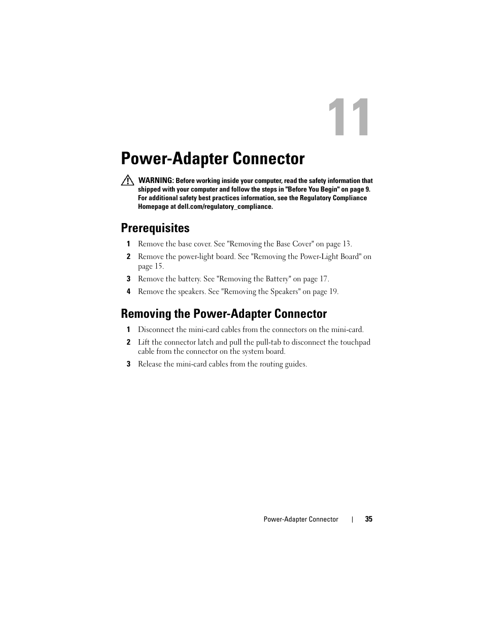 Power-adapter connector, Prerequisites, Removing the power-adapter connector | Dell XPS 13 (L322X, Early 2013) User Manual | Page 35 / 74