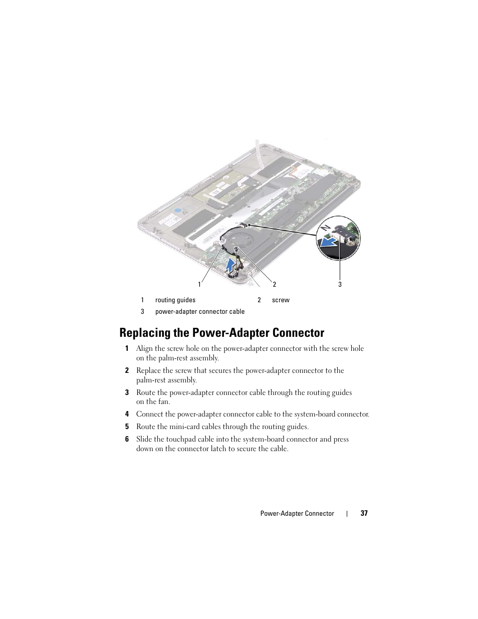 Replacing the power-adapter connector | Dell XPS 13 (L322X, Early 2013) User Manual | Page 37 / 74