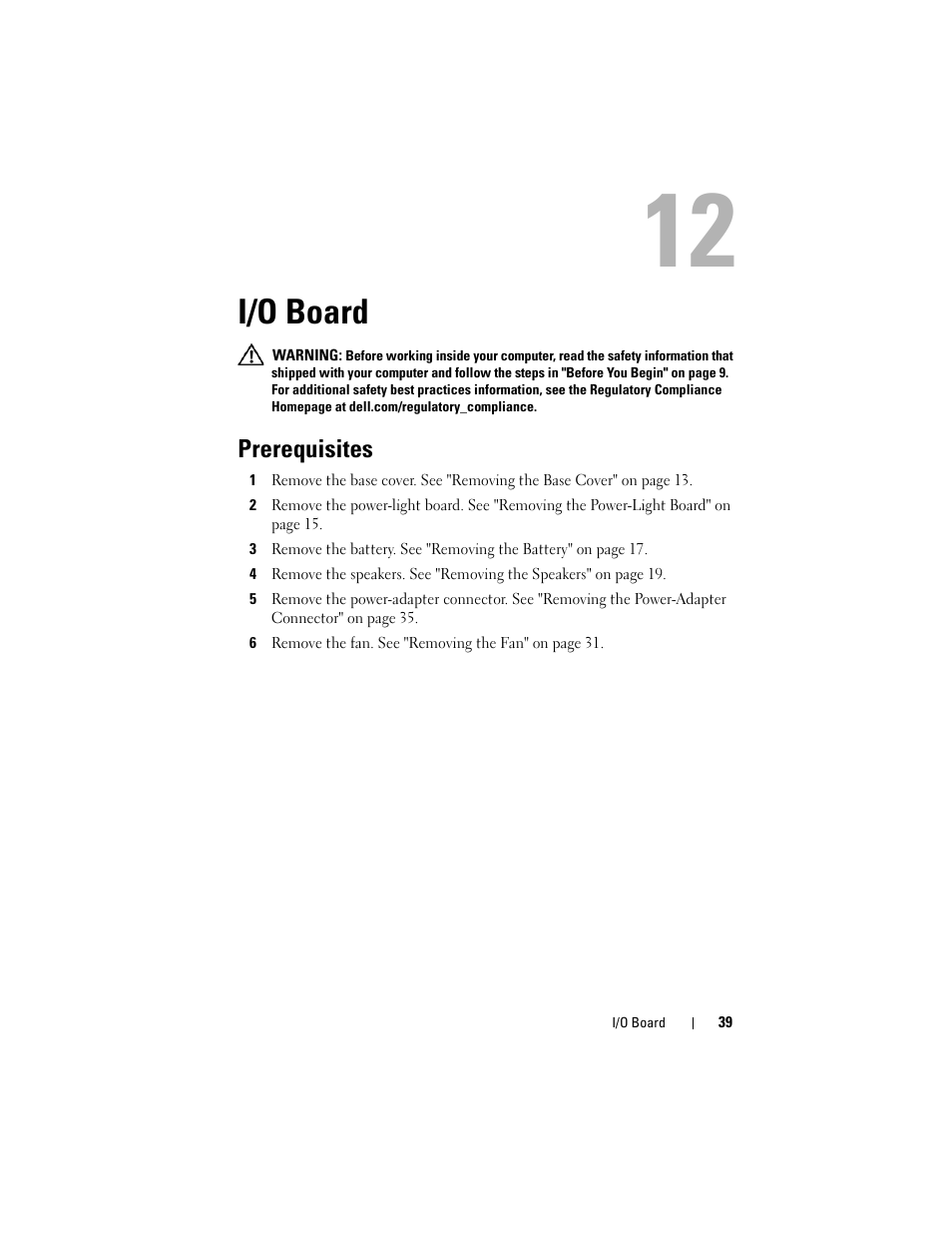 I/o board, Prerequisites | Dell XPS 13 (L322X, Early 2013) User Manual | Page 39 / 74