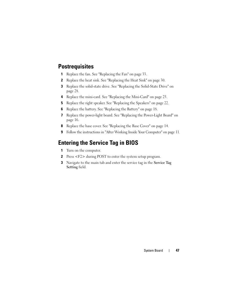 Postrequisites, Entering the service tag in bios | Dell XPS 13 (L322X, Early 2013) User Manual | Page 47 / 74