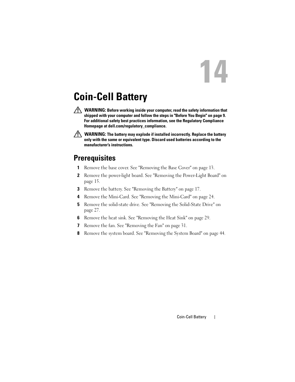 Coin-cell battery, Prerequisites | Dell XPS 13 (L322X, Early 2013) User Manual | Page 49 / 74