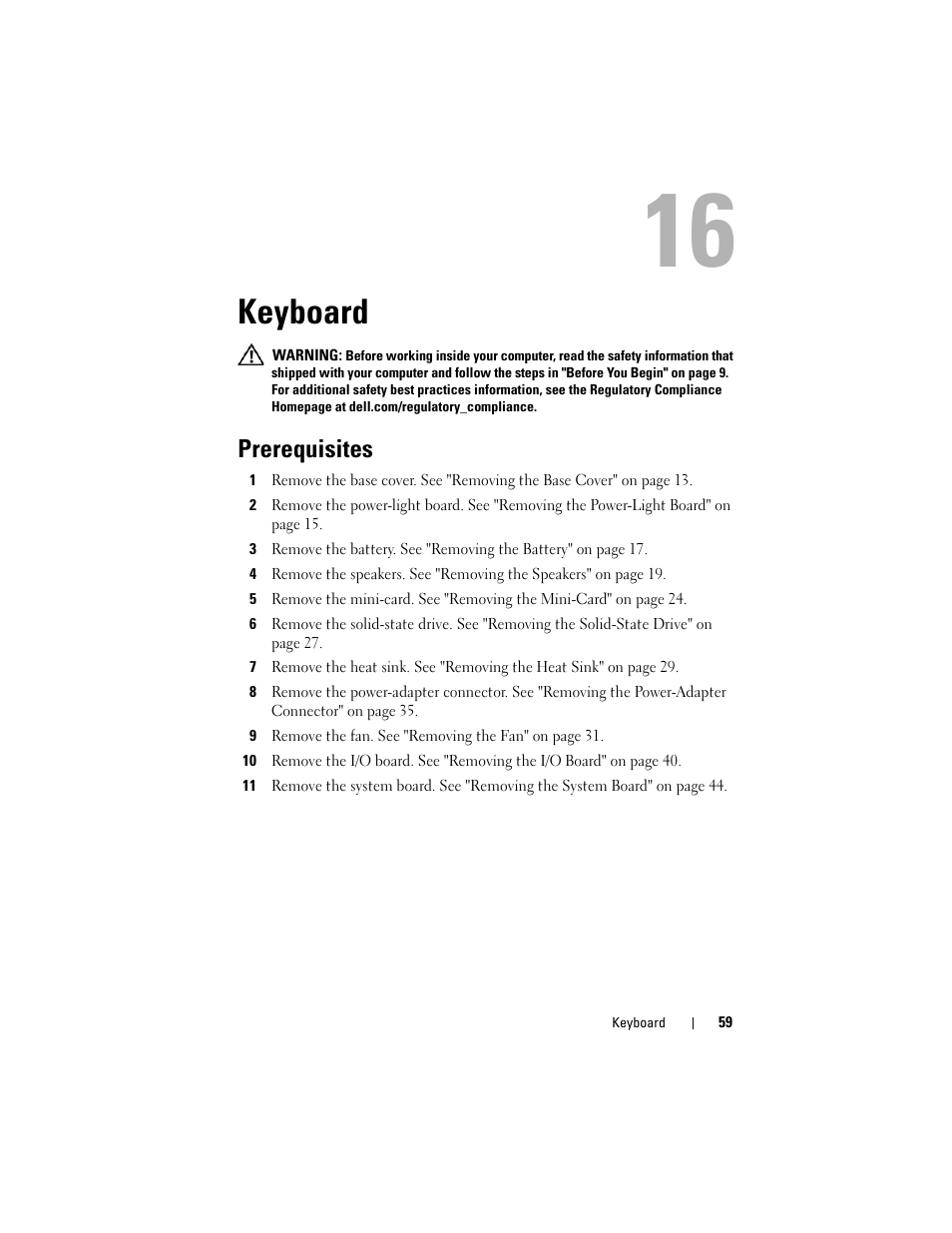Keyboard, Prerequisites | Dell XPS 13 (L322X, Early 2013) User Manual | Page 59 / 74