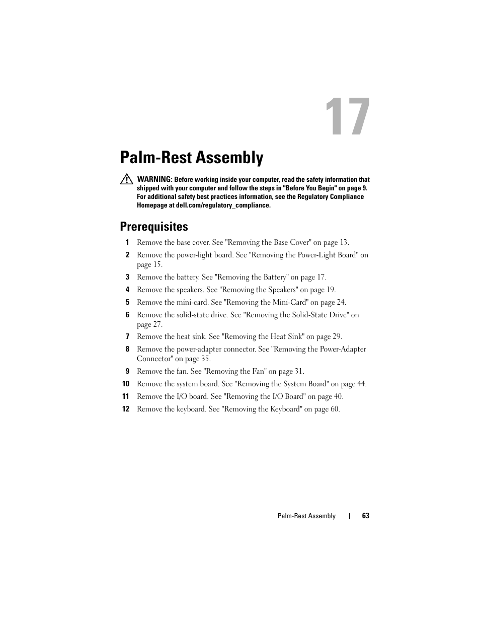 Palm-rest assembly, Prerequisites | Dell XPS 13 (L322X, Early 2013) User Manual | Page 63 / 74