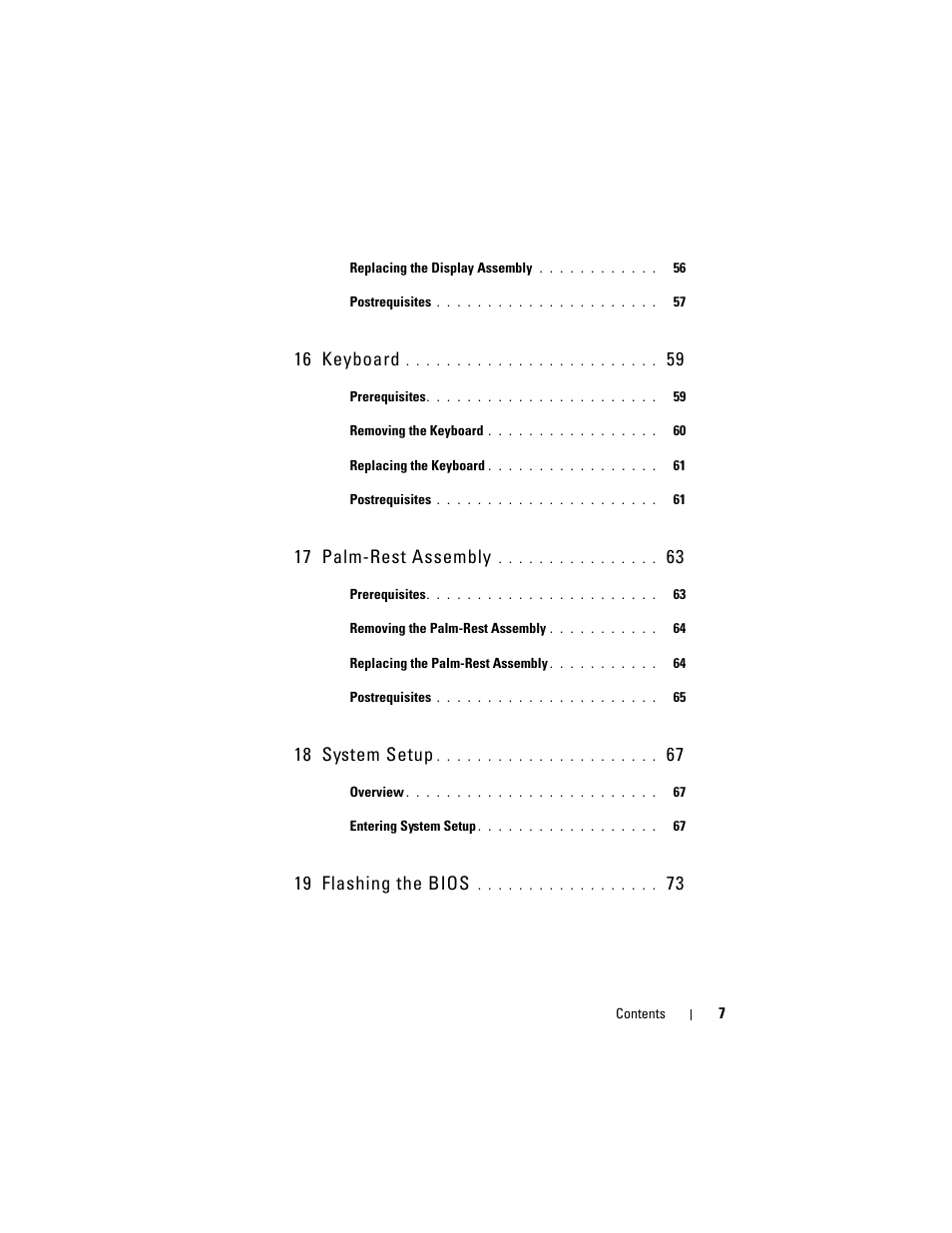 16 keyboard, 17 palm-rest assembly, 18 system setup | 19 flashing the bios | Dell XPS 13 (L322X, Early 2013) User Manual | Page 7 / 74