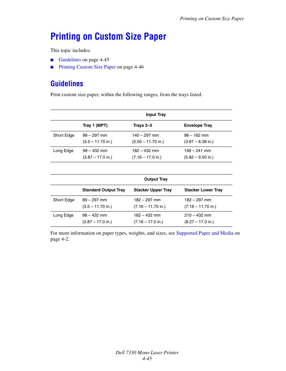 Printing on custom size paper, Guidelines, Printing on custom size paper -45 | Guidelines -45 | Dell 7330dn Mono Laser Printer User Manual | Page 104 / 229