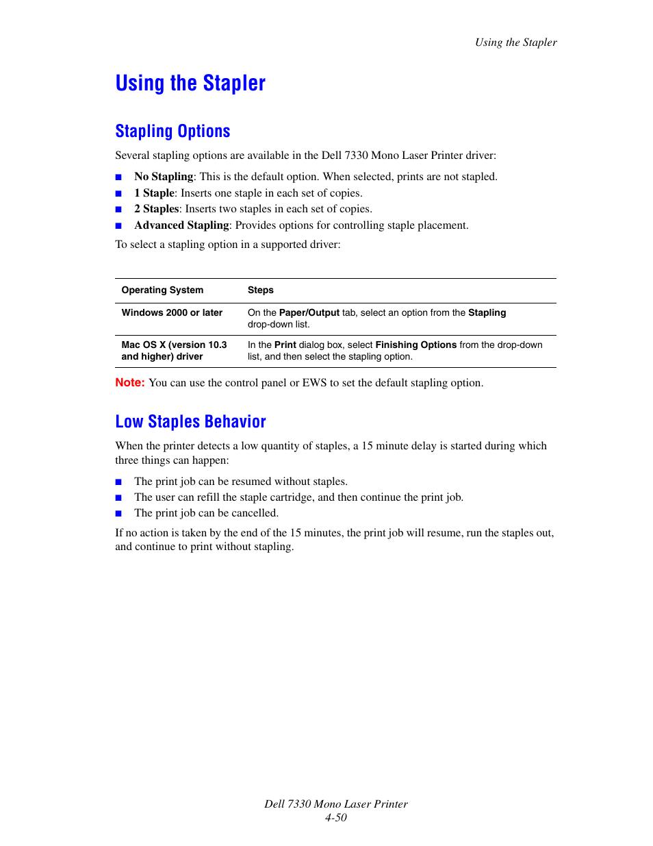 Using the stapler, Stapling options, Low staples behavior | Using the stapler -50, Stapling options -50 low staples behavior -50 | Dell 7330dn Mono Laser Printer User Manual | Page 109 / 229