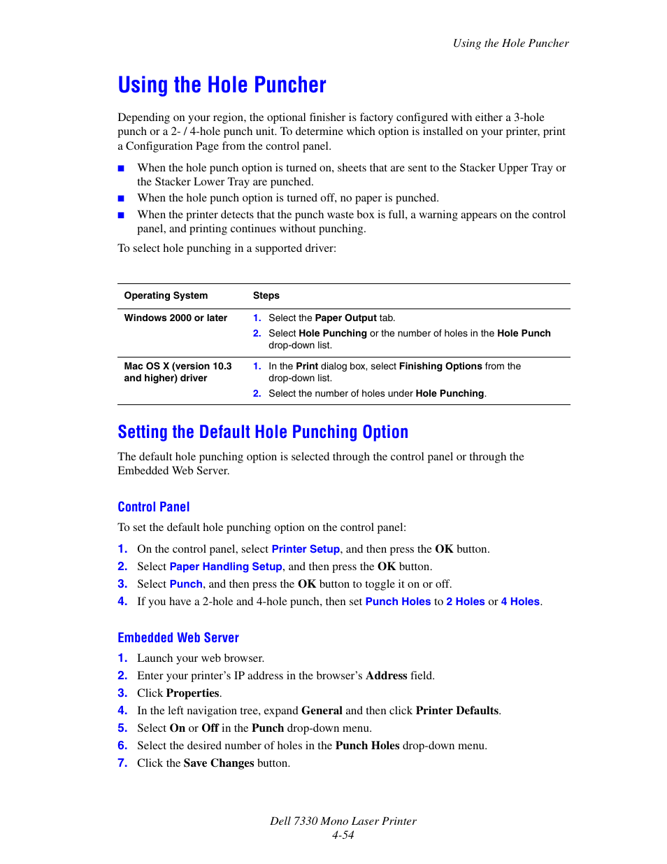 Using the hole puncher, Setting the default hole punching option, Using the hole puncher -54 | Setting the default hole punching option -54 | Dell 7330dn Mono Laser Printer User Manual | Page 113 / 229