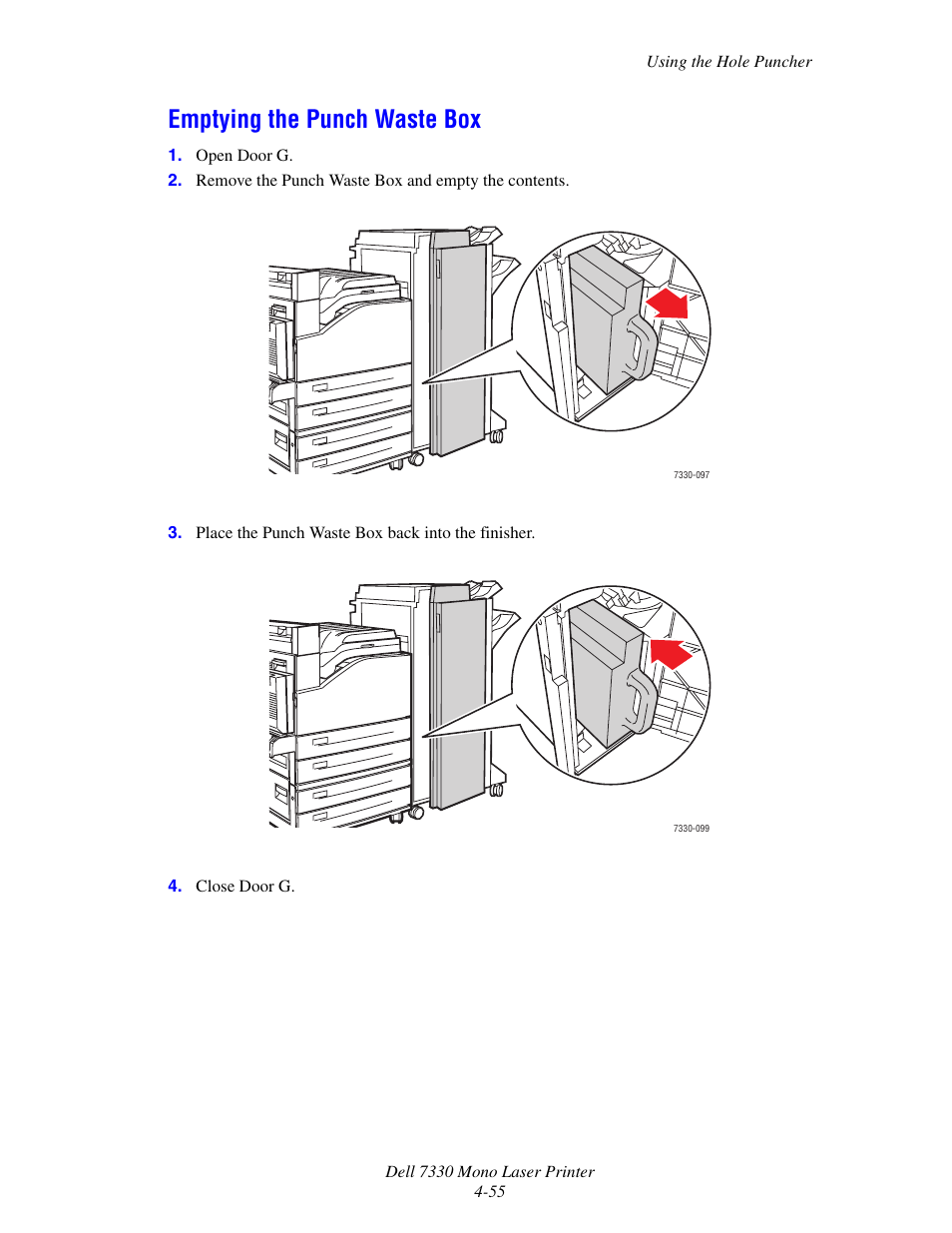 Emptying the punch waste box, Emptying the punch waste box -55 | Dell 7330dn Mono Laser Printer User Manual | Page 114 / 229