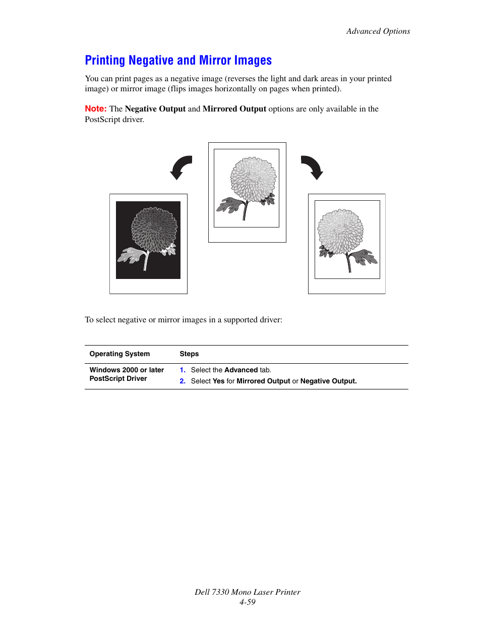 Printing negative and mirror images, Printing negative and mirror images -59 | Dell 7330dn Mono Laser Printer User Manual | Page 118 / 229