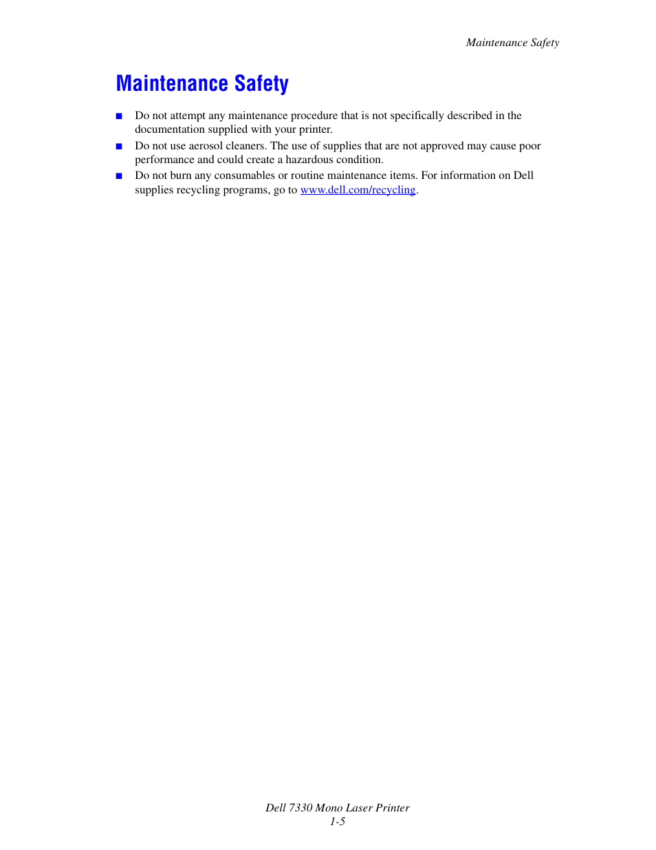 Maintenance safety, Maintenance safety -5 | Dell 7330dn Mono Laser Printer User Manual | Page 13 / 229