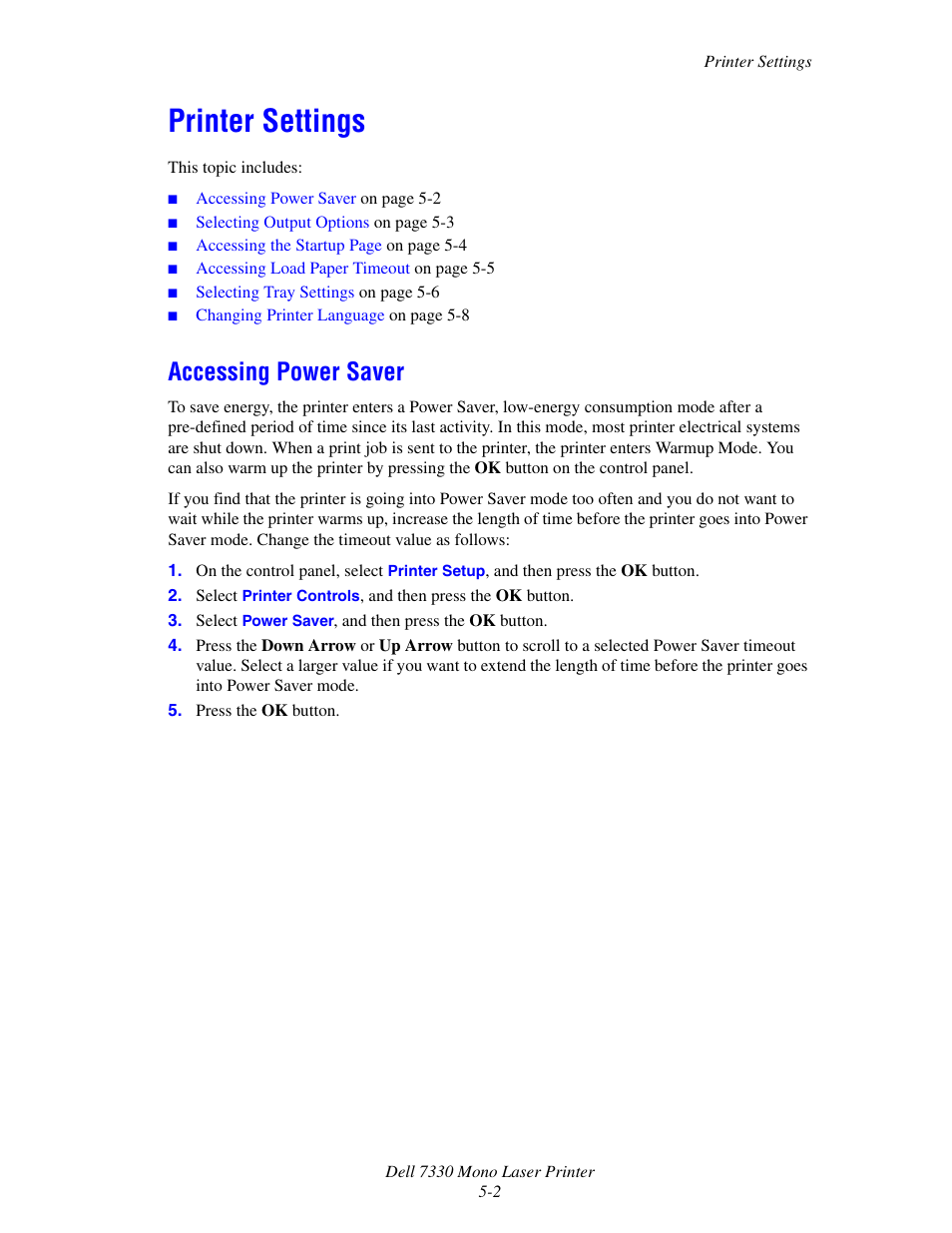Printer settings, Accessing power saver, Printer settings -2 | Accessing power saver -2 | Dell 7330dn Mono Laser Printer User Manual | Page 130 / 229