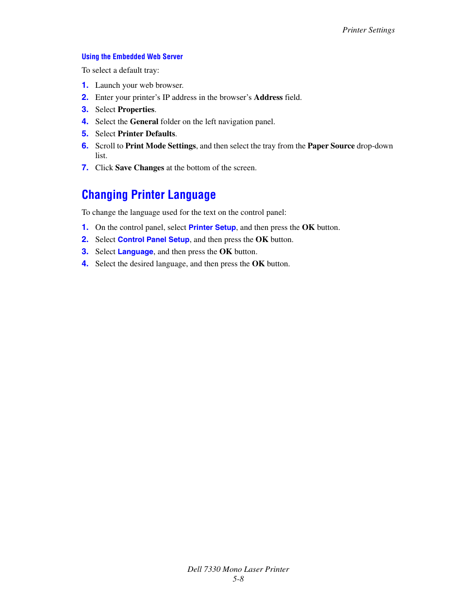 Changing printer language, Changing printer language -8 | Dell 7330dn Mono Laser Printer User Manual | Page 136 / 229