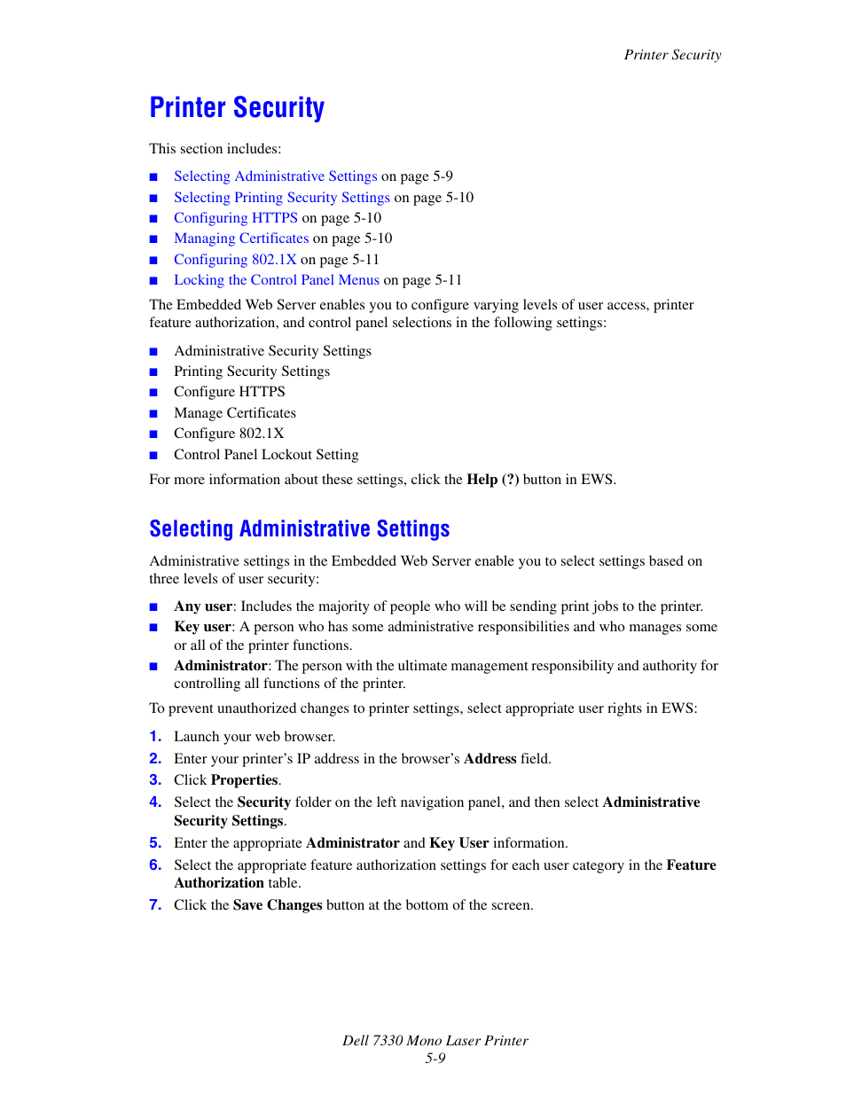 Printer security, Selecting administrative settings, Printer security -9 | Selecting administrative settings -9 | Dell 7330dn Mono Laser Printer User Manual | Page 137 / 229
