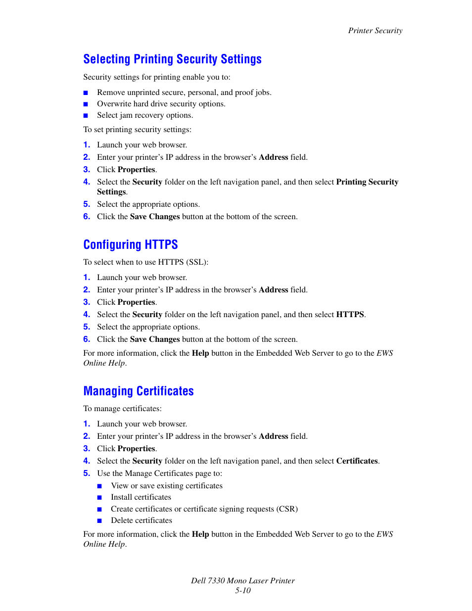 Selecting printing security settings, Configuring https, Managing certificates | Dell 7330dn Mono Laser Printer User Manual | Page 138 / 229