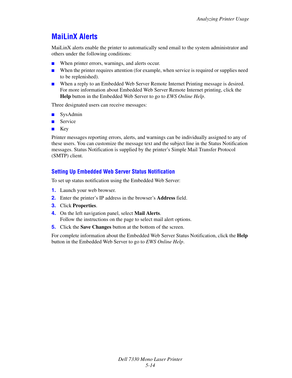 Mailinx alerts, Mailinx alerts -14 | Dell 7330dn Mono Laser Printer User Manual | Page 142 / 229