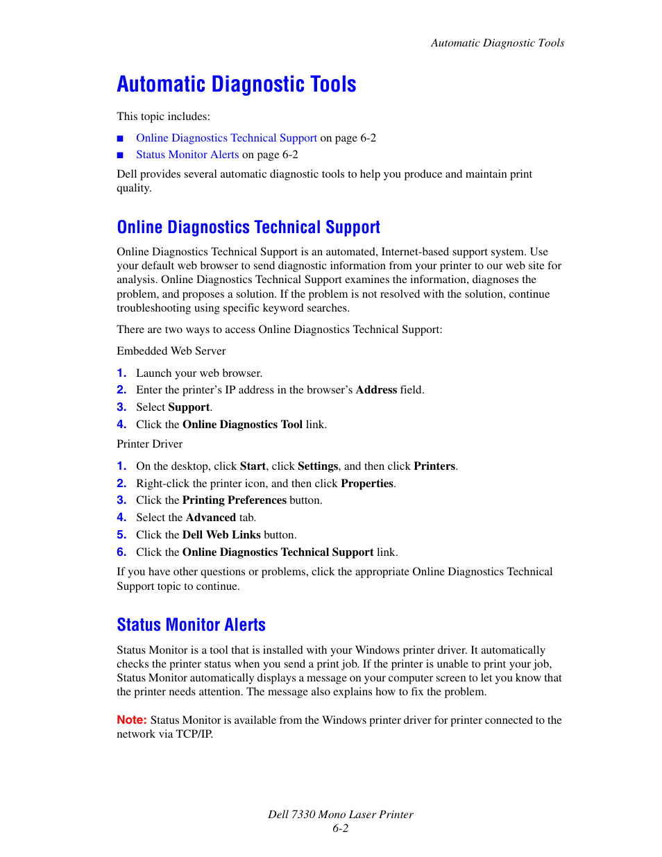 Automatic diagnostic tools, Online diagnostics technical support, Status monitor alerts | Automatic diagnostic tools -2, Online diagnostics technical, Support | Dell 7330dn Mono Laser Printer User Manual | Page 144 / 229